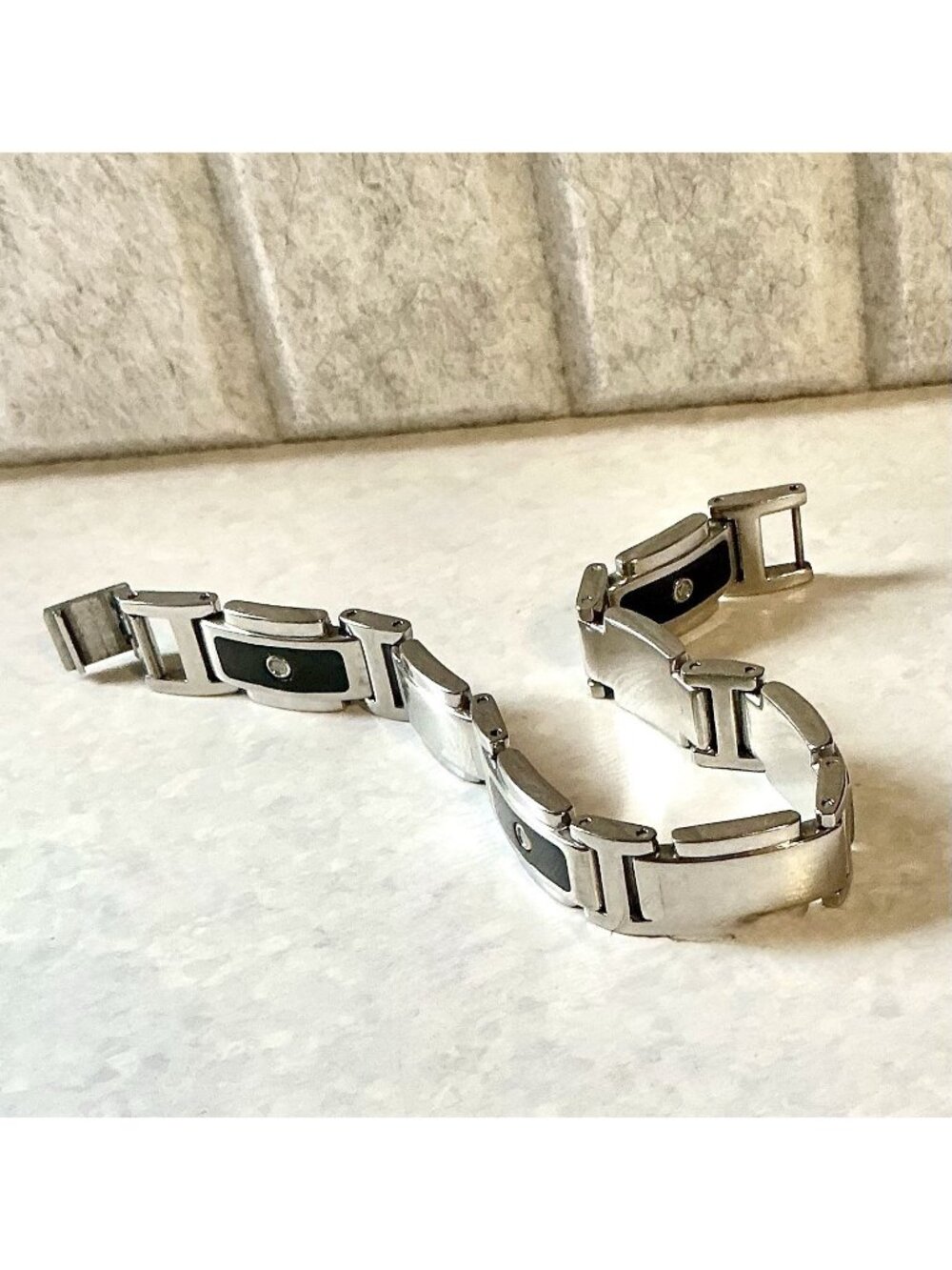 Men’s Diamond & Black Enamel Stainless Steel ID Style Bracelet Articulated Links
